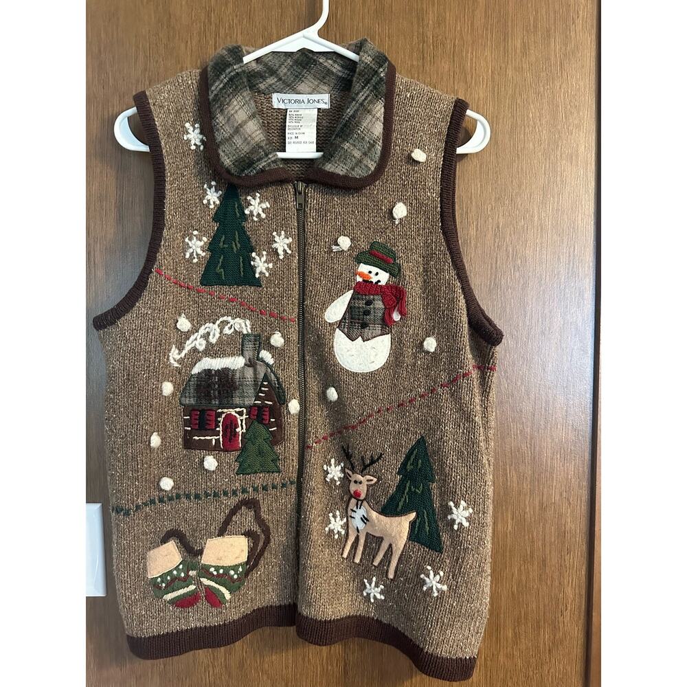 Vintage Victoria jones zipup sweater vest Sz M winter Holiday deer wool blend